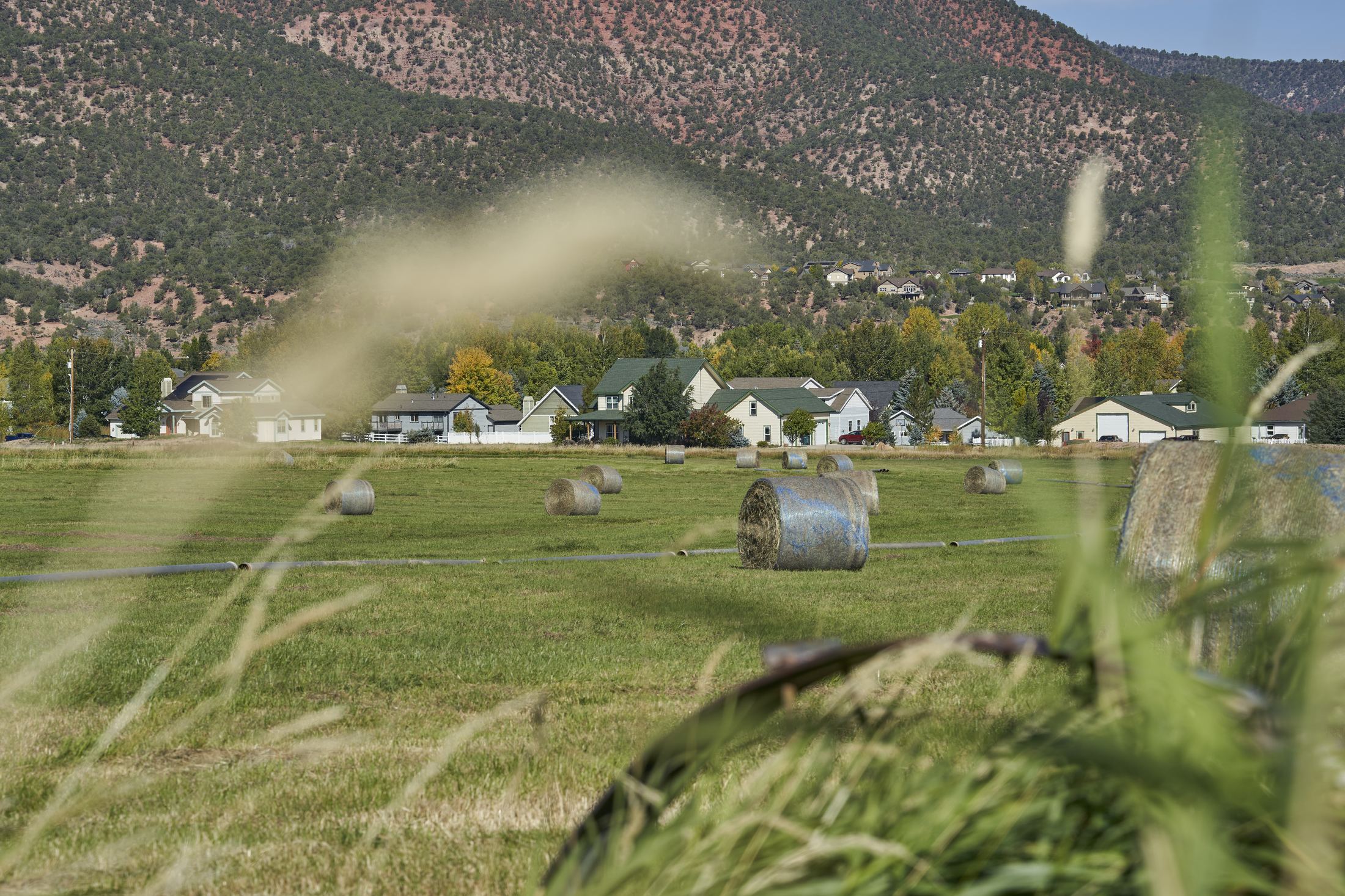 Round hay bales in a field below Gypsum neighborhoods, with red, juniper-dotted hills rising behind the town