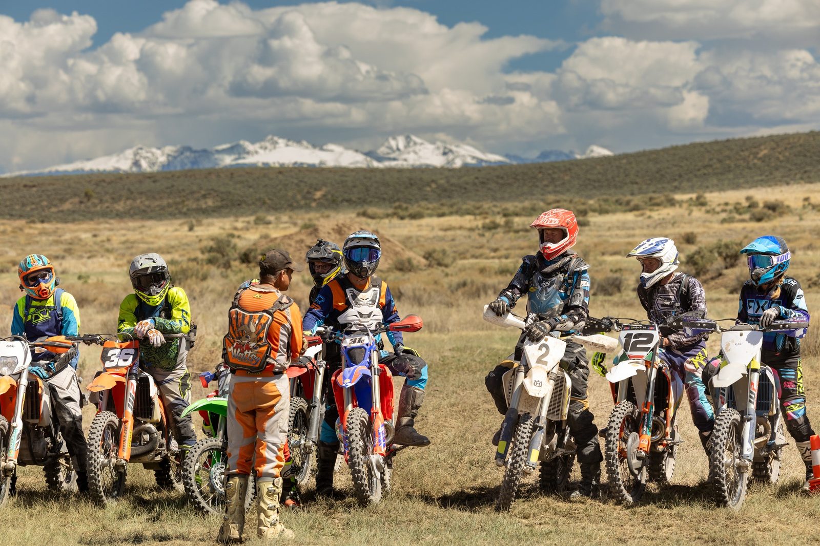 Riders lined up with their bikes for an off-road training clinic led by Shane Watts at Dry Lake